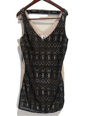 NWT Bisou Bisou Black Geometric Lace Dress 14 Laced Up Boho Vamp
